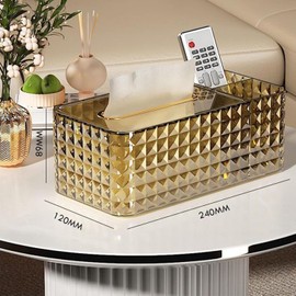 shilanmei Tissue Box Cover,Multifunctional Tissue Box Acrylic Desk Organizer Reusable Clear Facial Tissue Box Holder for Home Office Decorative (Gold)