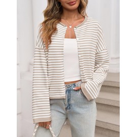 Saodimallsu Womens Striped Cardigan Casual Long Sleeve Open Front Button Down Loose Knit Lightweight Fall Sweaters Beige