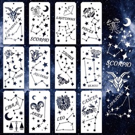 GOMAKERER Pack of 12 Decorative Star Stencils for Painting, 12 Style Star and Moon Stencils Reusable Painting Stencils with Zodiac Sign Constellation for Painting Furniture Scrapbook Decor