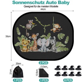 RYMALL Sun Protection Car Baby with UV Protection, Sun Protection Car 2 Pieces 45 x 36.5 cm Suction Cup Sun Visor Children's Car Window Sun Protection with Cute Animal Motifs Grassland Animals