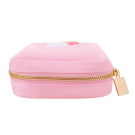 BLOC Bags Travel Makeup Bag, Cosmetic Bags for Women, Mini Makeup Bag, Cute Toiletry Bag, Beauty Bag with Chenille Patch, with Inside Zipper Pouch and Mesh Pockets (Pill, Baby Pink)