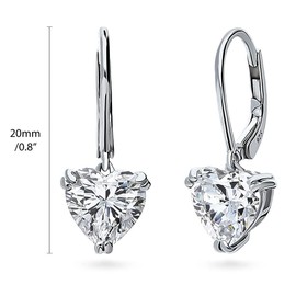 BERRICLE Sterling Silver Solitaire 3.4 Carat Heart Shaped Cubic Zirconia CZ Anniversary Leverback Dangle Drop Earrings for Women, Rhodium Plated