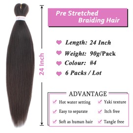 Samtress Braiding Hair 24 Inch Dark Brown Pre Stretched Braiding Hair 6 Packs Soft Yaki Texture Kanekalon Synthetic Fiber Crochet Braids Hair Extensions Hot Water Setting Easy Braid for Women(#4)