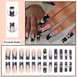 Virellay 24 Stück Lang Ballett Fingernägel - Herz Stern Schwarz Aufkleber Nägel, Rechteck Design, Glitter Klebenagel Pads, Französisch künstliche nägel zum aufkleben für Frauen (Black star)