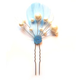 Bridal hair, Bridesmaid Feather Hair Grip Prong, Pale Baby Blue Feathers. Pearl Detailing, Wire Work and Glitter Acrylic Flower, Hair Piece for an Up Do Handcrafted, Unique