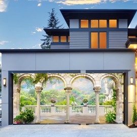 Leowefowa Vintage Marble Balcony Backdrop Banner Polyester 16x7ft White Garden Arch Buliding Backdrop Spring Mountain Flowers Background for Wedding Birthday Party Travel Decor Garage Door Banner