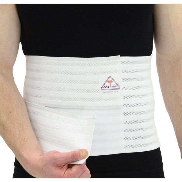 ITA-MED Men's Breathable Elastic Abdominal Binder for Post-Surgery Recovery & Umbilical Hernia Support, 9” Wide, Body-Shaping Effect, Made in USA, White (XL)