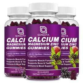 GONGOTA Calcium Magnesium Zinc with Vitamin D3 Supplement, Highly Absorbent Calcium Gummies with 300mg Magnesium glycinate Support Bone & Teeth, Muscle for Adults and Teens,Sugar Free, Vegan (3 Pack)