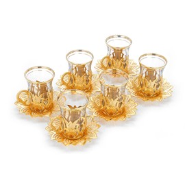 ihvan online Turkish Nostalgic Tea Glasses and Saucers Set for 6 Person, Luxury Turkish Tea Set, 12 Piece Fancy Tea Glasses Set, Perfect Vintage Housewarming Wedding Gifts, Tea Cups Set, Color: Gold
