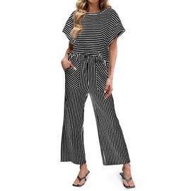 Tankaneo Womens Striped 2 Piece Sets Short Sleeve T Shirts Wide Leg Pants Matching Lounge Set with Pockets