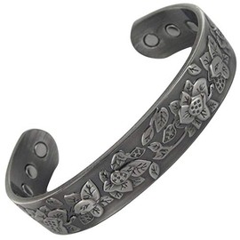 Stargems® PURE COPPER MAGNETIC BRACELET BANGLE 6 MAGNETS CHUNKY PEWTER GREY FLOWER PATTERN Cuff Wrist Band Women Ladies Mens + VELVET GIFT POUCH!