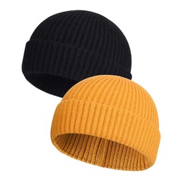 MAIAGO - Gorro de pescador para hombres y mujeres, gorro de punto corto, gorro de invierno cálido, negro+amarillo, Talla única