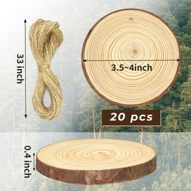Catephe Unfinished Wood Slices for Crafts, 20 Pack Round Wooden Discs with Tree Bark, 3.5-4 inches Christmas Wood Ornaments Wood Disc Coasters with 32Ft Twine String for Christmas Decoration