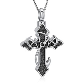 Ydmwannx Cross Urn Necklace for Ashes Fish Hook Cremation Jewelry Deer Antler Ashes Pendant for Women Men Keepsake Memorial Ashes Locket of Love One (Retro)