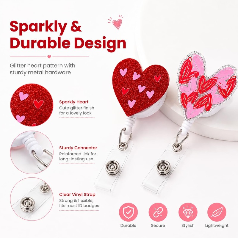 2 Pack Heart Badge Reel Retractable ID Holder, Cute Glitter