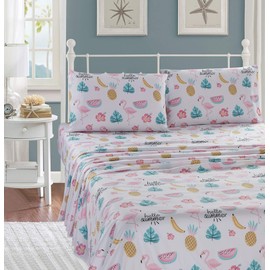 Linen Plus Sheet Set Kids/Teens Flamingo Pineapple Banana Watermelon Hibiscus Tropical Leaf Pink Yellow White New # Hello Summer (Twin)