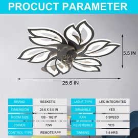 BESKETIE 25.6" Bladeless Ceiling Fan with Lights Remote Control, Modern Low Profile Ceiling Fans with Lights, Dimmable 3 Color 6 Wind Speeds LED Ceiling Fan for Bedroom, Living Room, Kids Room - Black