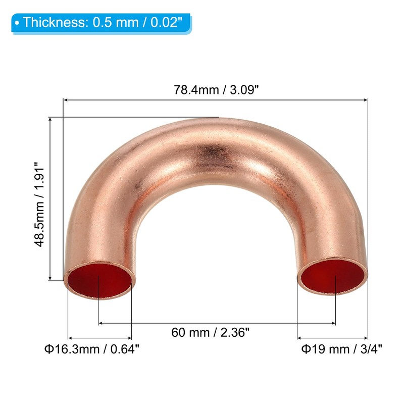 PATIKIL 3/4" OD 49x78mm Elbow Copper Pipe Fitting, 180 Degree
