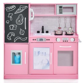 Costzon Kids Kitchen Playset, Wooden Kitchen Toy Set w/Blackboard, Telephone, Microwave, Ice Maker, Dishwasher & Oven, Pretend Play Kitchen for Toddlers, Gift for Boys Girls 3+ (Pink)