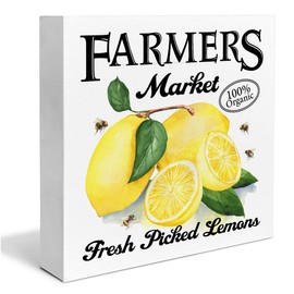 Lemon Wooden Box Sign House Decor Farmers Market Lemon Square Wood Sign Desk Decoration Summer Wood Block Tiered Tray Box Sign for Shelf Home 5 x 5 Inches