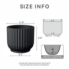 Kante Round Fulted Planter, 11 Inch Dia Large Concrete Plant Pots with Drainage Hole and Rubber Plug, Modern Decor for Indoor Outdoor Plants, Flower, Black