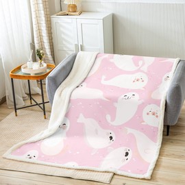 Cartoon Cute Seal Plush Blanket,Kawaii Sea Animal Pink and White Bed Blanket Home Decor Gift,Kids Ocean Themed Girly Style Modern Style Fuzzy Blanket Office Chair, X Size (40 x 50 Inch)