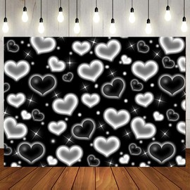 LTLYH 7×5ft Black Heart Photo Backdrop Early 2000s Party Decorations Old School Backdrops Valentine's Day Glitter Heart 16th 18th 30th Women Men 90s Happy Birthday Background Selfile Wall Decor 257