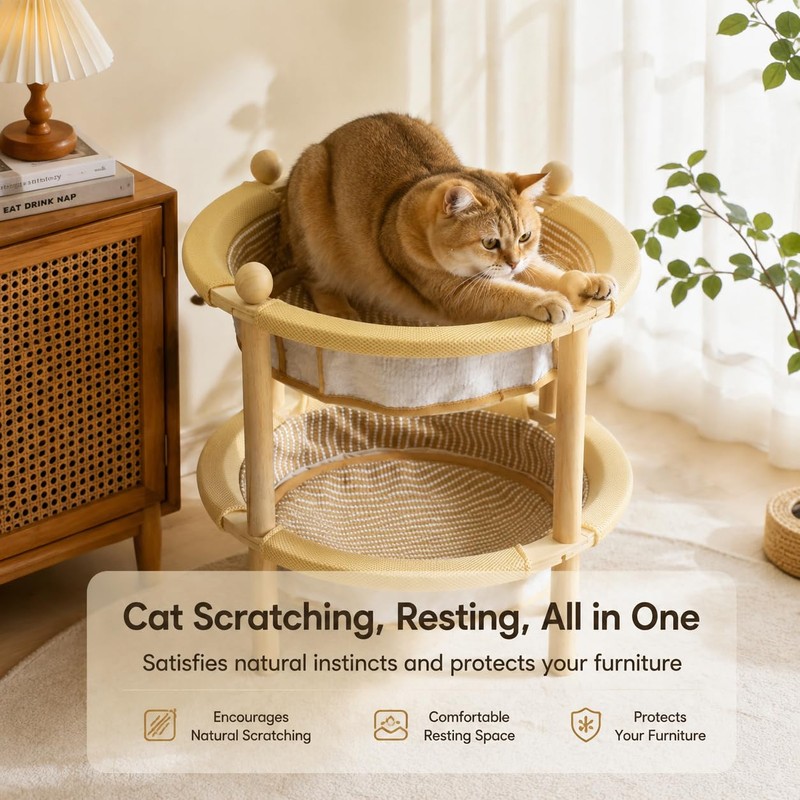 MUZIBAMA 2-Tier Elevated Cat Hammock Bed, 2-in-1 Natural Sisal Jute