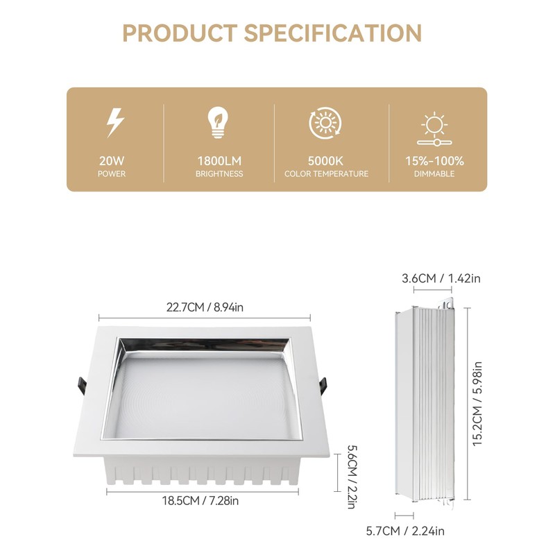 HITOO 8 Inch Square Recessed Light 5000K Anti-Glare LED Ceiling