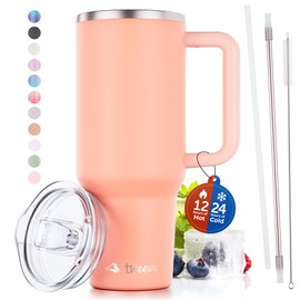 tweevo 40 oz Tumbler With Handle and Straw Made of Stainless Steel - Double Wall Vacuum Insulated Tumbler With Lid - Sweat Proof Easy Grip, BPA-Free, Dishwasher Safe Tumbler (Peach)