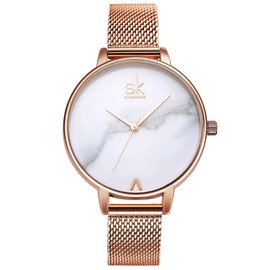 Alienwork SK Minimalist Women's Ultra Flat Elegant Watch, Rose Gold/White/Mesh Band Rose Gold, Minimalist