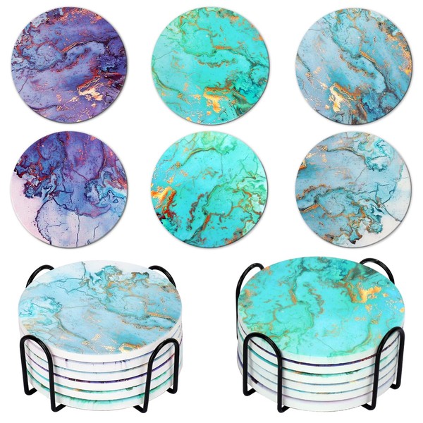 18 Pcs 4 Inch Marble Coaster Set with Holder, Absorbent