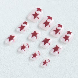 MERVF Square Press on Nails Short Fake Nails Press ons Red Star Squoval Glue on Nails Nude Acrylic False Nails with Y2K Design 24pcs Glossy