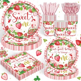 Rejoice Bunny 120PCS Strawberry Themed Supplies for Girls Kids Sweet One 1st Birthday Party