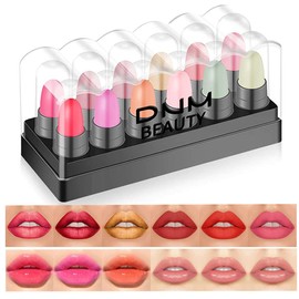 12Pcs Capsule Pills Lipstick Mini Lip Stick Packs Matte Lipstick Set for Women,3 Strawberry Mint Apple Flavor Lip Balm, 3 Changing Color Jelly Magic Lipstick, 3 Matte Lipstick, 3 Metallic Lipstick, Long-Lasting Wear Non-Stick Cup Not Fade Waterproof Lips