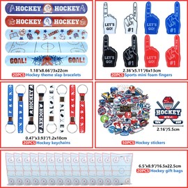 130PCS Hockey Party Favors - Incliding Hockey Keychains, Ice Hockey Gift Bags, Slap Bracelets, Hockey Stickers, Sports Mini Foam Fingers for Boys Fans Sports Hockey Birthday Party Supplies