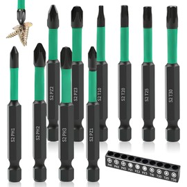 Square, 70 mm long bits set, 10-piece bit set made of S2 alloy steel with strong magnetic head and 1/4 inch hex handle, bit set suitable for hand drill screwdrivers
