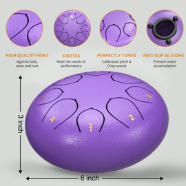 Rain Drum for Outside Garden, 6 Inches 8 Notes Steel Tongue Drums, Waterproof Meditation Echo Rain Chime, Musical Instruments for Adult Gift with Bag, Music Book, Mallets (Purple)