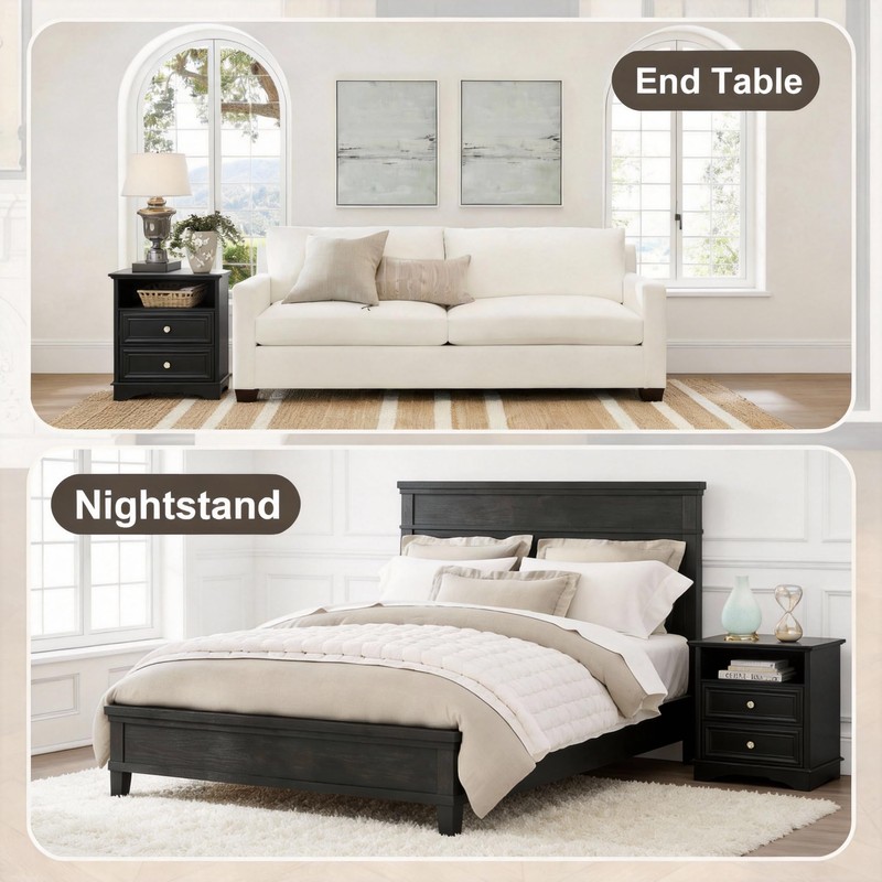 XIAO WEI Black Tall Nightstand with Hidden Drawer, 2 Drawers