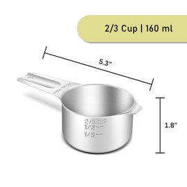 BERYLER 1PCS 2/3Cup (160ml, 5.3oz) Single Measuring Cup, Stainless Steel Measure Scoop, Metric and US Measurement, Heavy Duty, Dishwasher Safe