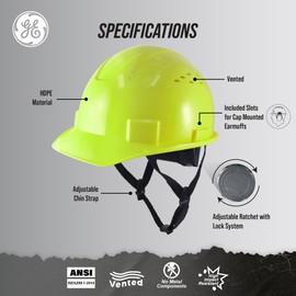 GE Cap Style Hard Hat, 4-Point Ratchet Suspension, Earmuff Slots, High Impact Resistant, Sweat-Wicking Sweatband, Meets ANSI Z89.1-2014, Comfortable, and Protective - Hi-Vis Line, Vented
