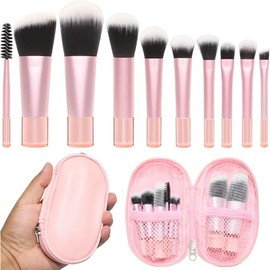 Juego de 10 brochas de maquillaje de viaje con bolsa, base, sombra de ojos, rubor, resaltador, cejas en ángulo y brochas de rímel, pinceles de fibra s