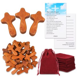 Queekay 30 Set Small Wooden Crosses in Bulk Hand Held Prayer Pocket Crosses with Velvet Pouch and Prayer Cards Comfort Crosses Christian Church Gifts 2.56'' Mini Holding Crucifix for Christmas