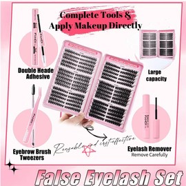 Cluster Lashes Kit,540PCS Fluffy Individual Eyelashes Kit Mixed 8-16mm Russian D Curl Lashes Individual Cluster with Lash Bond and Seal Glue Remover Tweezers & Brush DIY at Home for Beginner(A02 KIT)