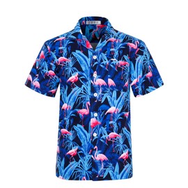 ELETOP Men's Hawaiian Shirt Quick Dry Tropical Aloha Shirts Beach Holiday Casual Shirts Flamingo Blue F040 3XL