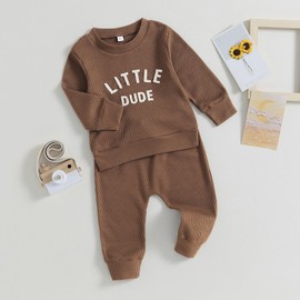 Toddler Baby Boy Clothes Long Sleeve Waffle Little Dude Crewneck Sweatshirt Casual Pants 2Pcs Fall Winter Outfit (Little Dude-Brown,2-3T)