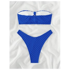 SHENHE - Traje de baño de 2 piezas sin tirantes con anillo o de corte alto, bandeau para mujer, Azul(Textured Royal Blue), Large