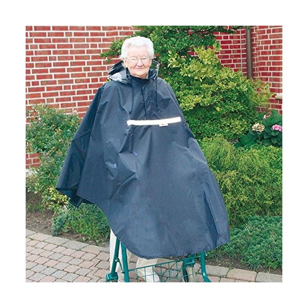 Poncho for Rollator / Gehramen with 2 Rubber Loops for the Arms, Waterproof and Windproof - with Zip, Hat and Viewing Window, blue