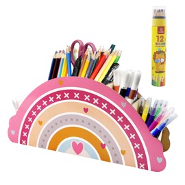 SHENSAIGO Pen Holder Children's Rainbow, Wooden Pen Holder Children, Desk Organiser with 12 Coloured Pencils, Pen Organiser Pen Holder Desk for Home Office Classroom Organisation