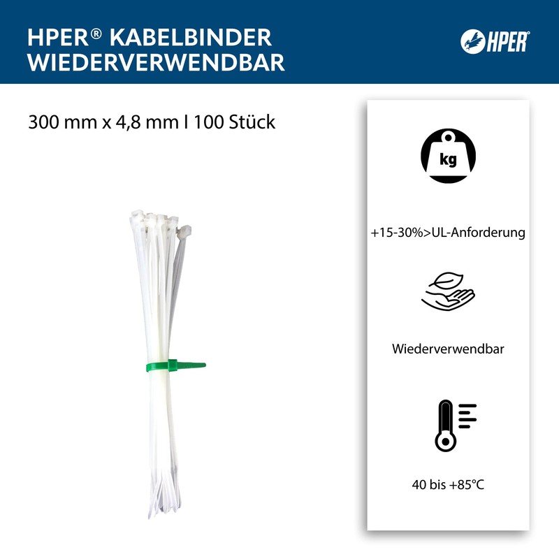 HPER Reusable Cable Ties, White, 300 mm x 4.8 mm,